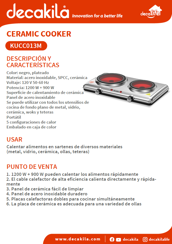 DECAKILA PLANTILLA ELÉCTRICA CERÁMICA 2 DISCOS 1200W / KUCC013M
