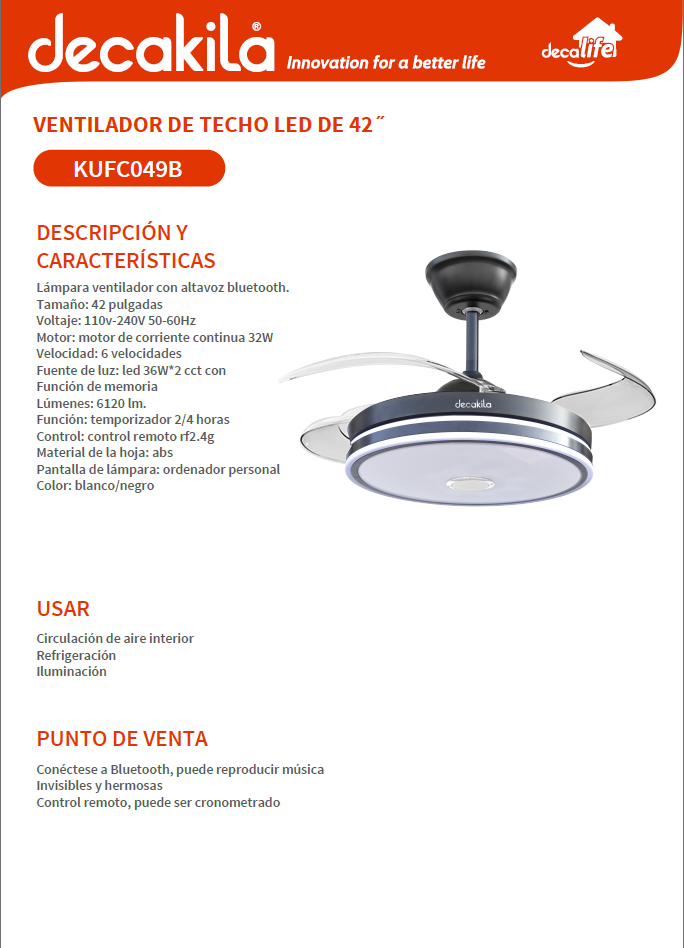 DECAKILA VENTILADOR TECHO C/LUZ LED-BLUETOOTH / KUFC049B