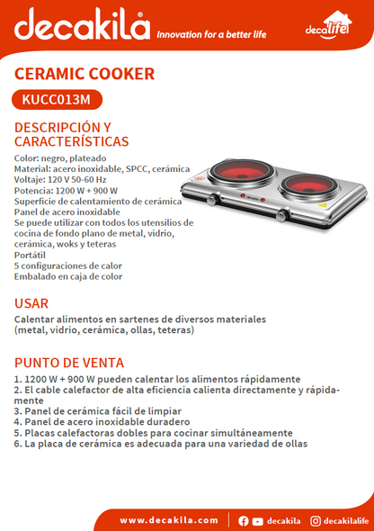 DECAKILA PLANTILLA ELÉCTRICA CERÁMICA 2 DISCOS 1200W / KUCC013M