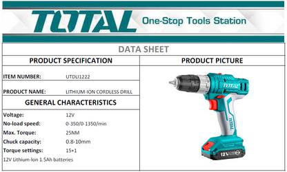 HE/TALADRO BATERÍA TOTAL 12V 3/8 C/EST 2BAT / UTDLI1222